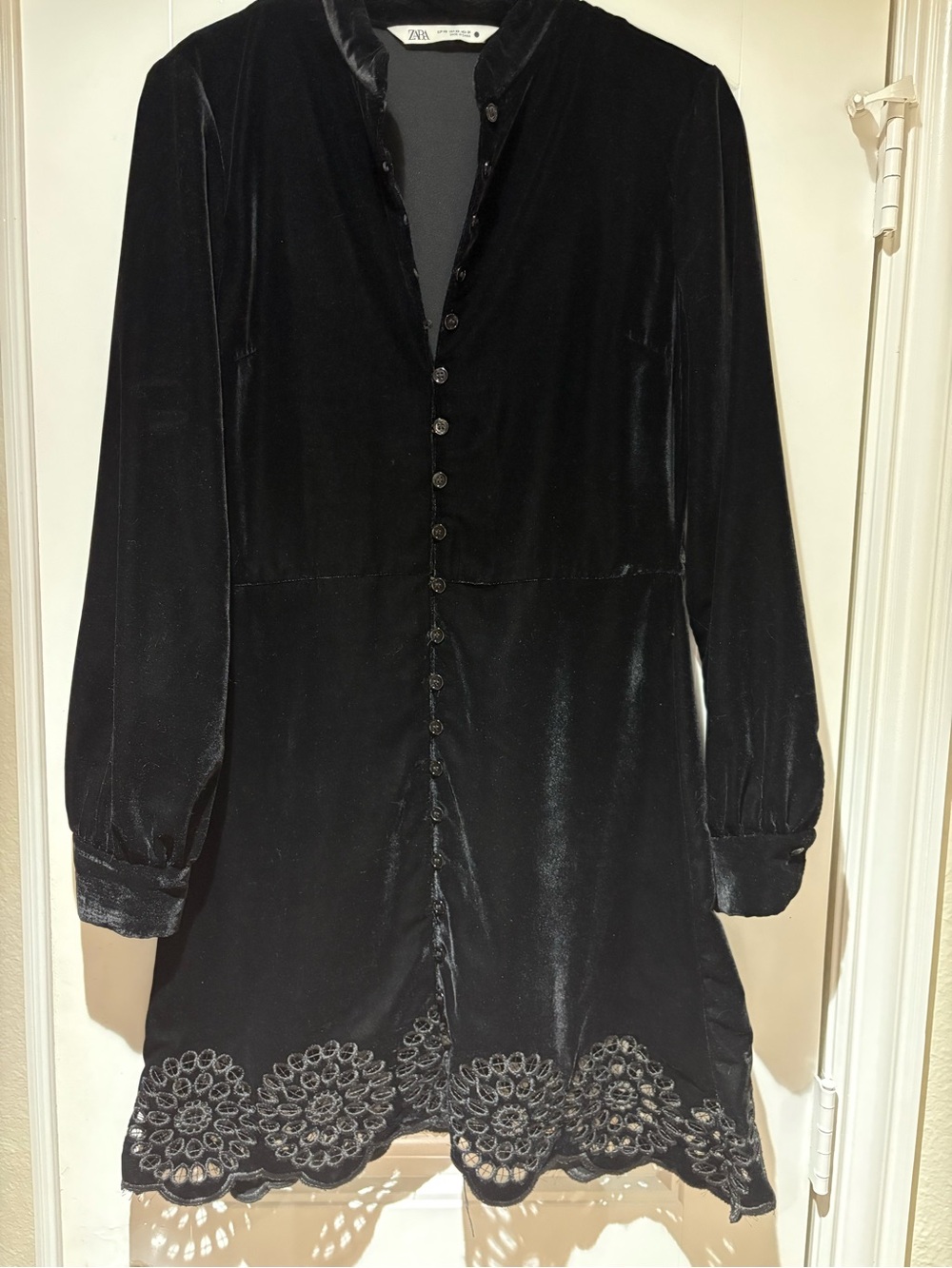 Zara Black Velvet Mini Dress with Button Front and Embroidered Hem